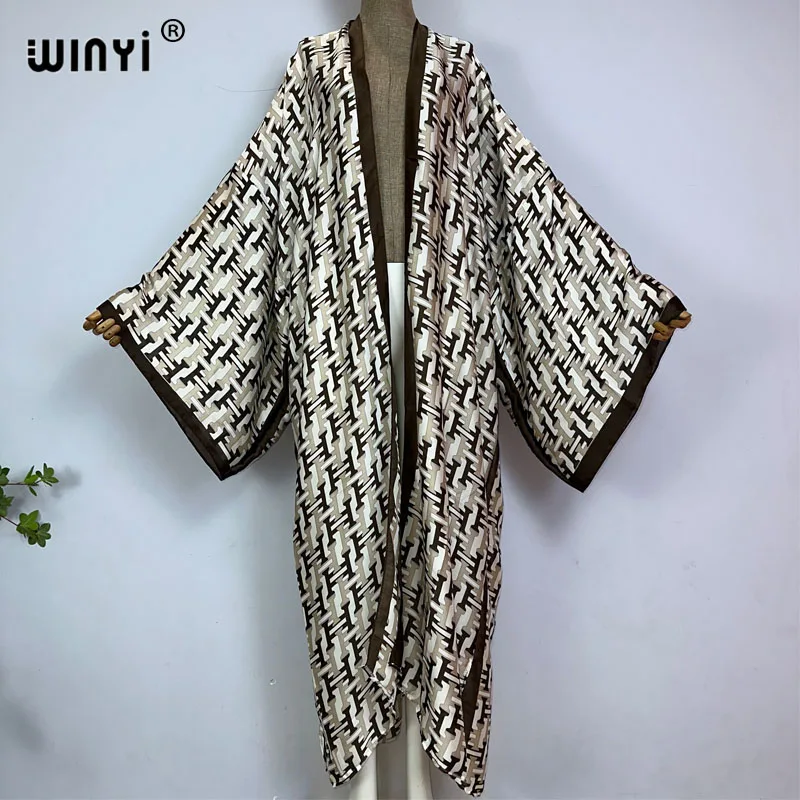 WINYI kimono letnie klasyczny nadruk kobiety luźna długa sukienka elegancka impreza Boho Maxi wakacje na plaży Kimonos kaftan