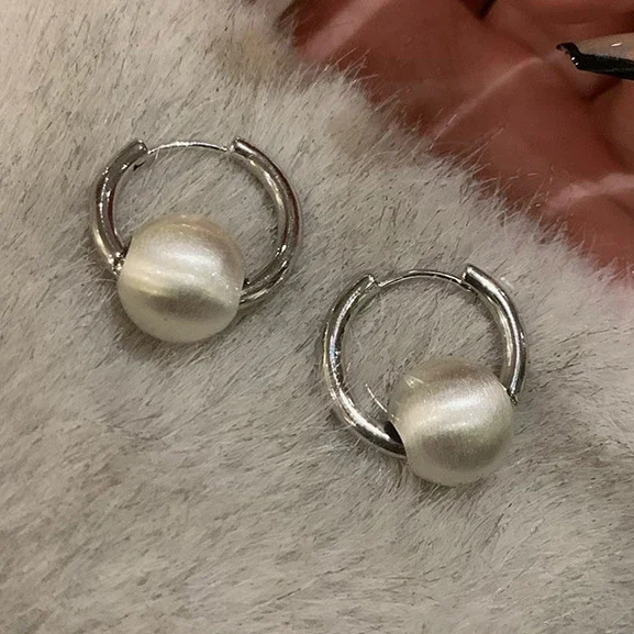 PONYKISS 925 Silver Brushed Round Bead Hoop Earrings for Women Minimalist Trendy Fine Jewelry Light Luxury Accessories