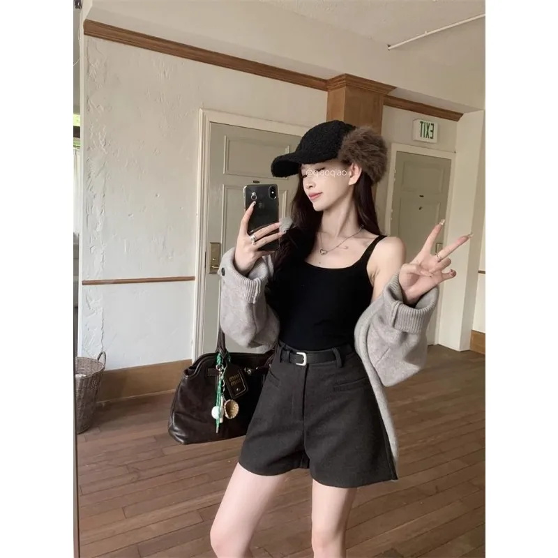 القهوة الملونة الصوفية عالية الخصر ألف خط المرأة الخريف والشتاء الخارجي التمهيد السراويل التخسيس فضفاض مستقيم السراويل غير رسمية