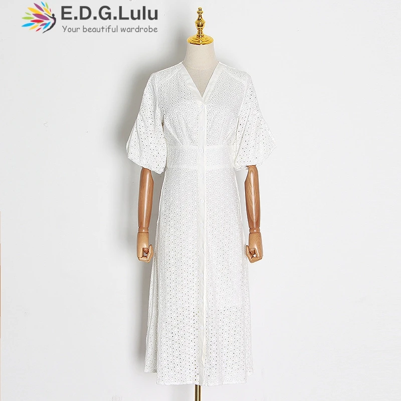 EDGLuLu V-Neck Lantern Sleeves White Dresses For Woman Single Breasted Lace Embroidered Floral Long Dresses Leisure Vacation0930