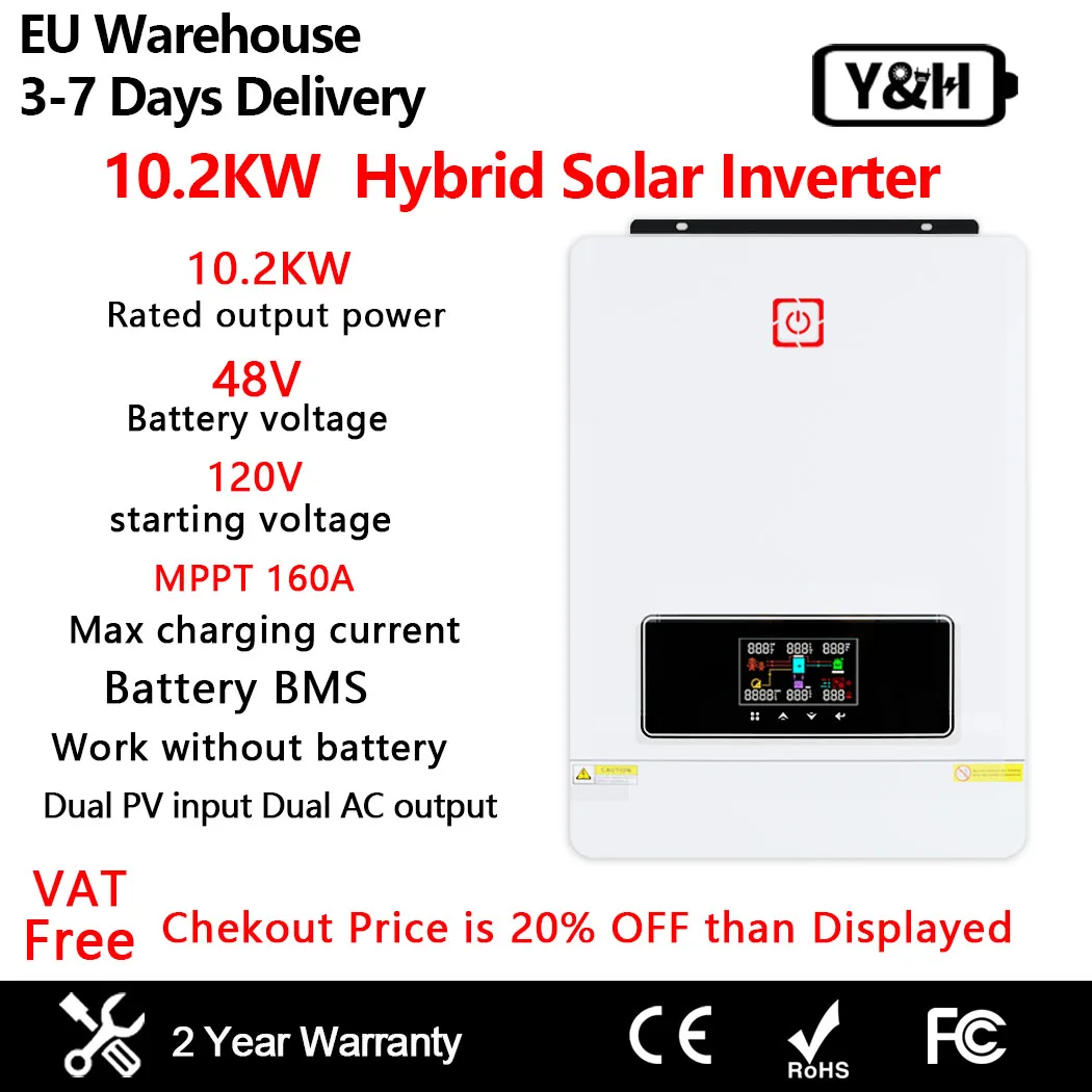 Y&H MPPT 10.2KW Hybrid Solar Inverter DC48V AC230V 160A charge controller dual PV maximum 500V pure sine wave