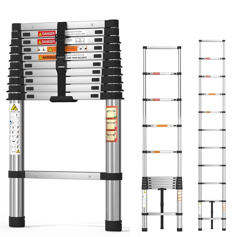Escalera Telescópica Portátil BRIEFNESS de 2.6-3.8m, 150kg, Acero, EN131, Antideslizante, Acero Inoxidable, para Reparación de Techos de Almacenes y Bricolaje