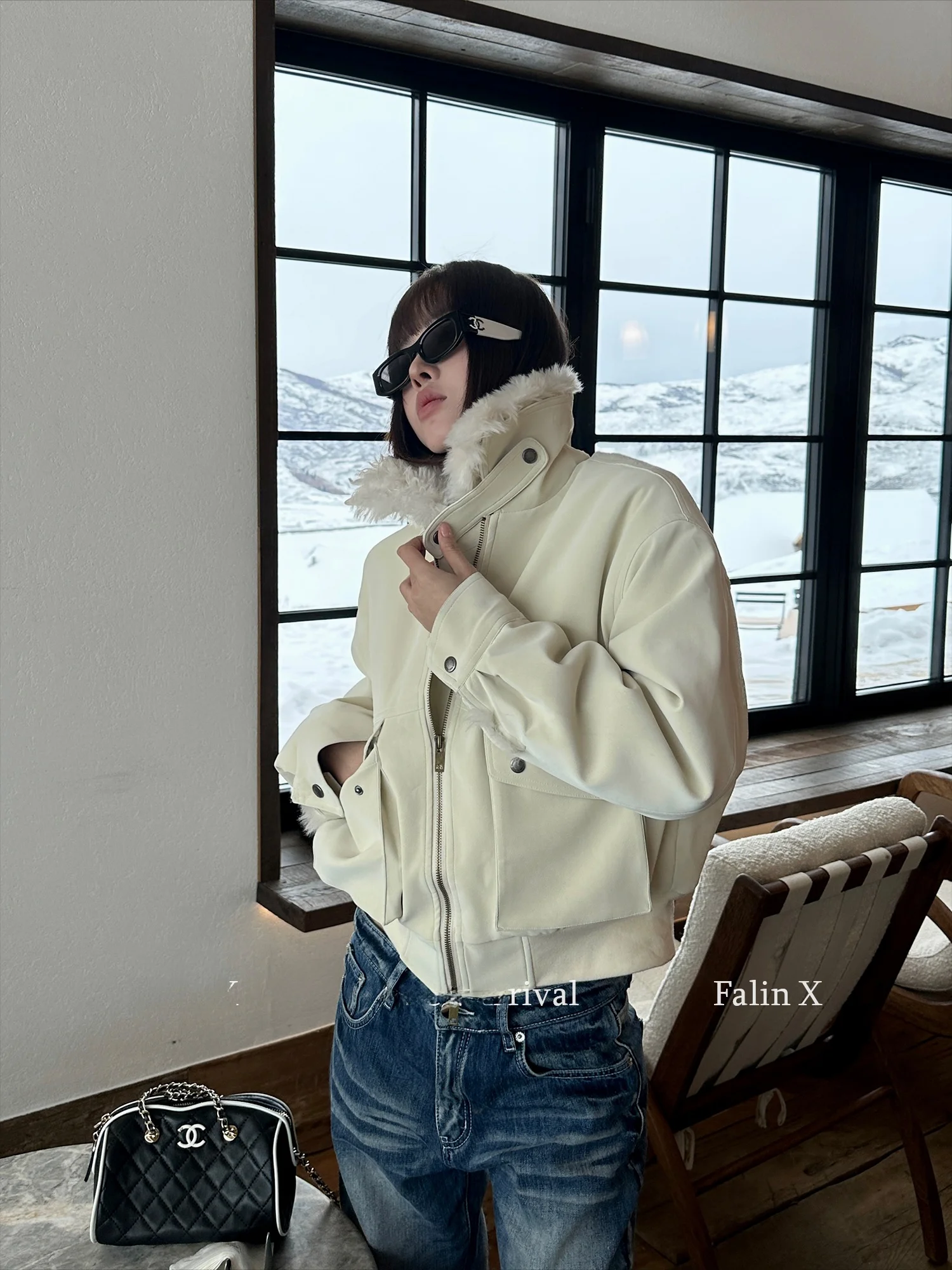 ファリンXバーンスタイル取り外し可能なファー襟付き厚手ショート丈レディースワークウェアジャケットルーズフィットポリウレタン生地長袖ジッパー開閉