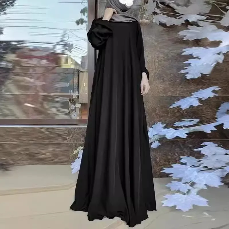 Vintage Loose Satin Puffy Sleeves Dress for Women Solid Muslim Dress Dubai Full Length Abaya Turkey Muslim Kaftan Femme Musulman