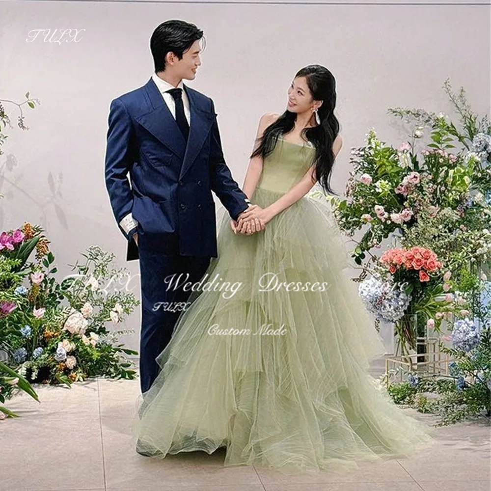 

TULX Fairy Tulle Green Korea Wedding Party Dresses Photo Shoot Square Collar Strap Long Bridal Evening Dress Corset Custom Made