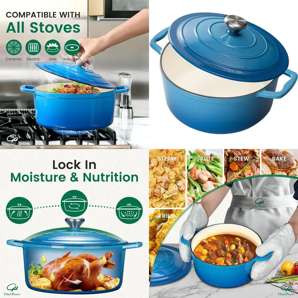 

5QT Enameled Cast Iron Dutch Oven, Perfect for Bread Baking, Braising, Stews and Roasting, Oven Safe, Gradient Blue