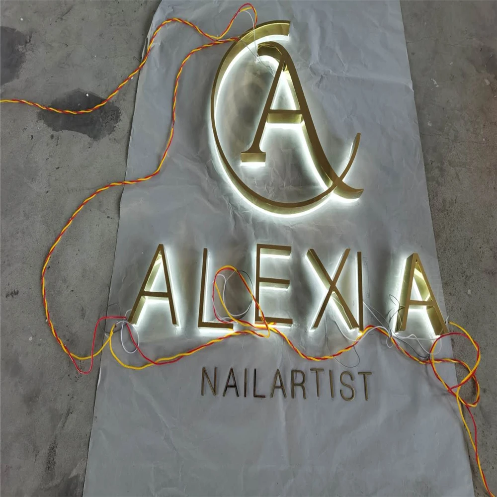 Customized Gold Color Stainless Steel Backlit Shop Hotel Facade Sign,Custom Made Outdoor Rear Lit Store Desk Sign LED letters