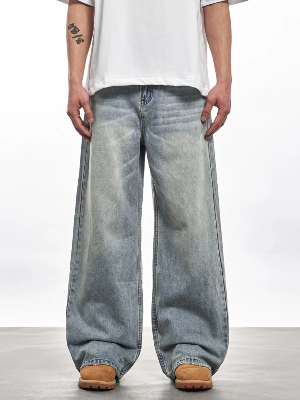 

American Cleanfit Straight Leg Jeans Men's Daily Wa Light Blue Vintage Wide Leg Long Pants Casual Loose Fit Breathable