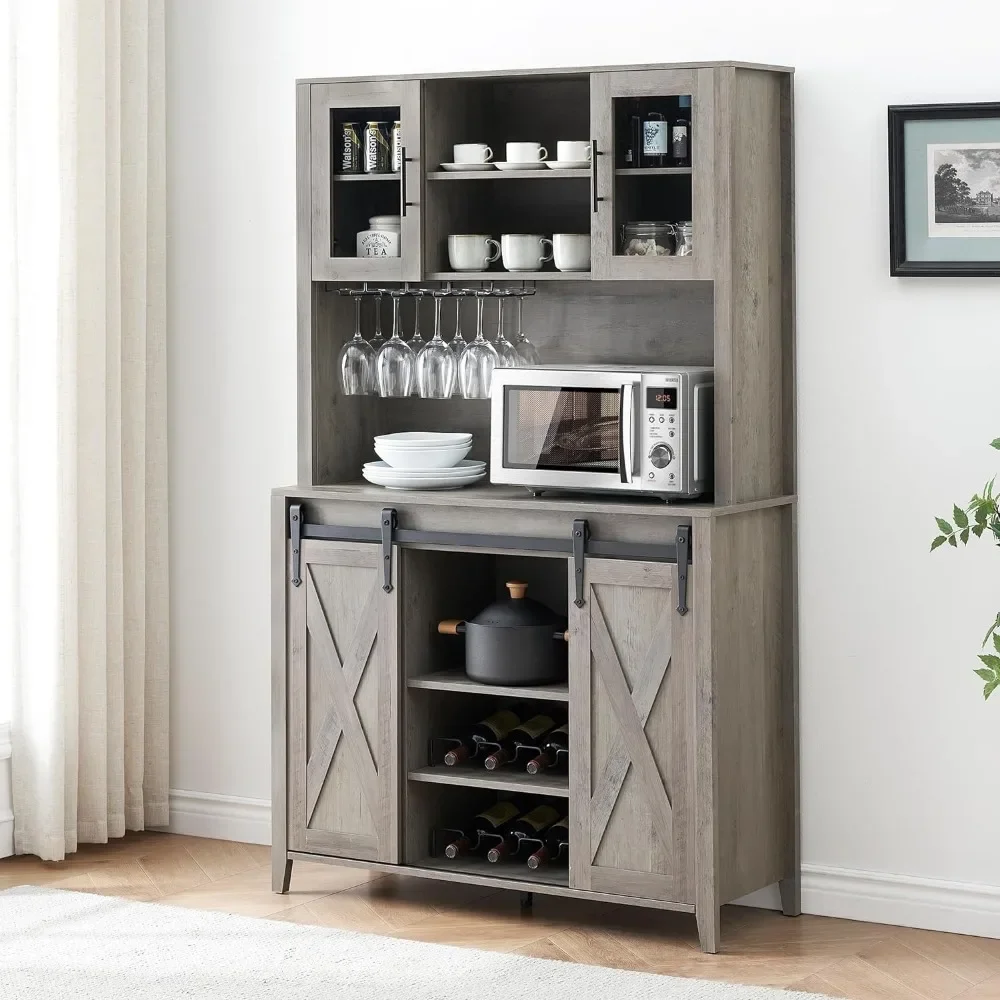 Farmhouse Bar Cabinet with Sliding Barn Door, 70" Tall Buffet Cabinet with Storage Shelves, Liquor Cabinet with Wine  Grey