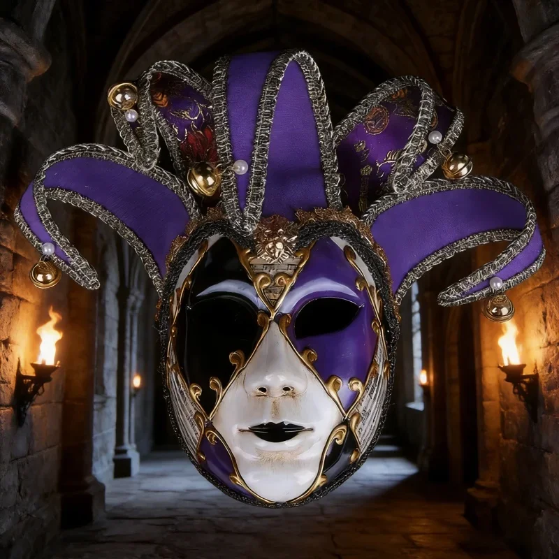 

Венецианская ретро-маска фиолетового цвета на все лицо, дизайн клоуна/ведьмы, страшный костюм для Хэллоуина, маскарада, вечеринки, реквизит для мужчин и женщин