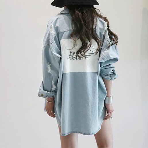 

Retro Women's Denim Jaet Loose Fit Spring Autumn Large Size Sequin Teaded Hem irt Sle Trendy Korean Commute Sle Lon...