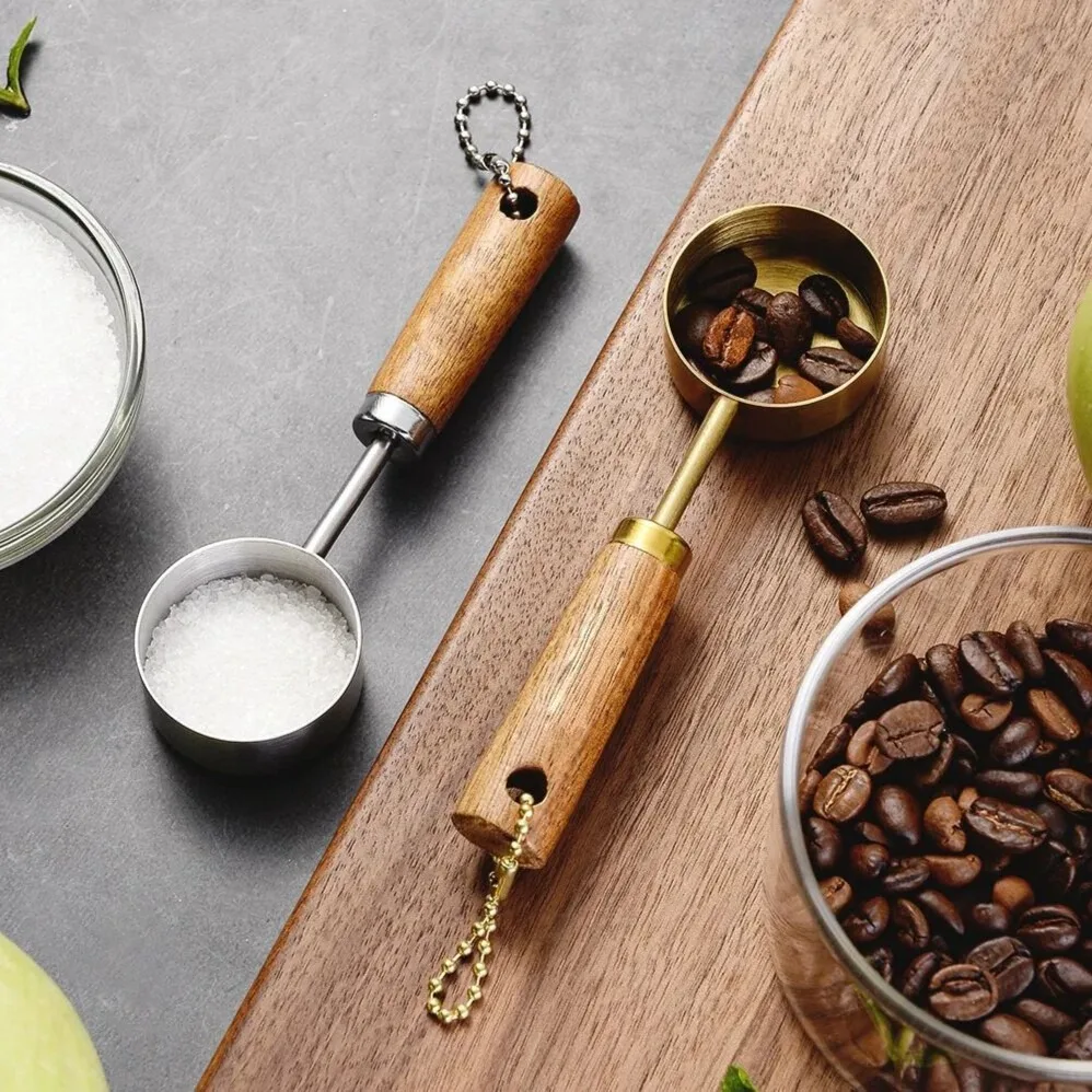 1PC Measuring Cup Gold-Plated Measuring Spoon Measuring Spoon  Coffee Scoop Spoon With Wooden Handle Cake Kitchen Baking Tools
