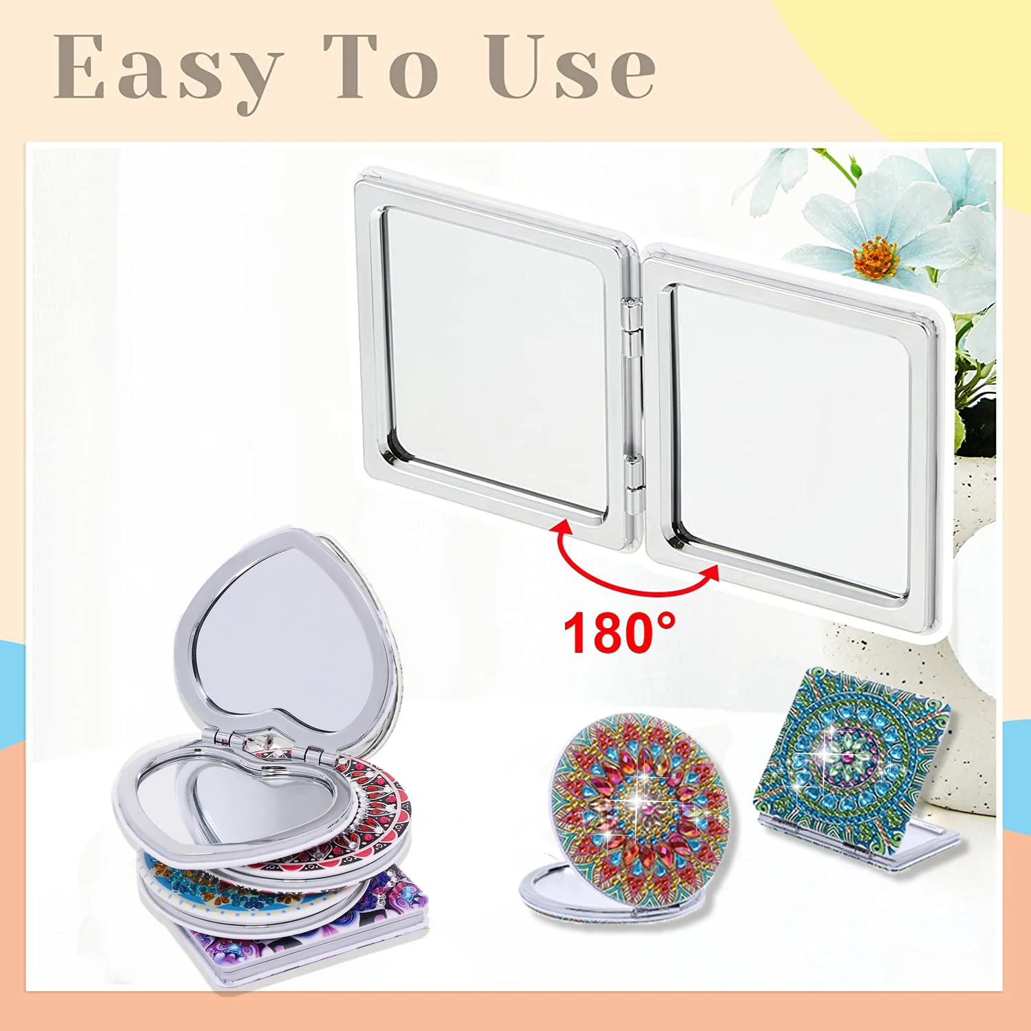 1pc/Set DIY Mandala Diamond Art Compact Mirror Leather Portable Folding Mirror Kit Diamond Painting Pocket Mirror for Adults