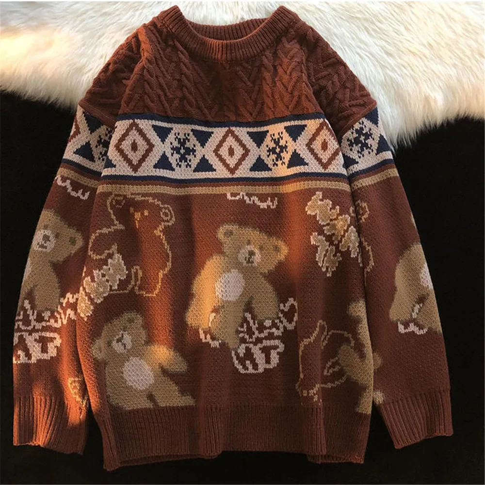 Cute Bear Tops Oversize Men High Street Knitting Sweater Tops Autumn Pullover Loose Harajuku Kawaii White Women Couple Sweaters