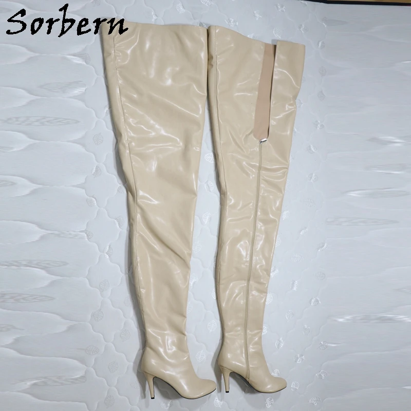 Sorbern Beige Matte Super Long Boots Women 85Cm Crotch Thigh / 125Cm Outside Shaft Length Kitten High Heel Stilettos