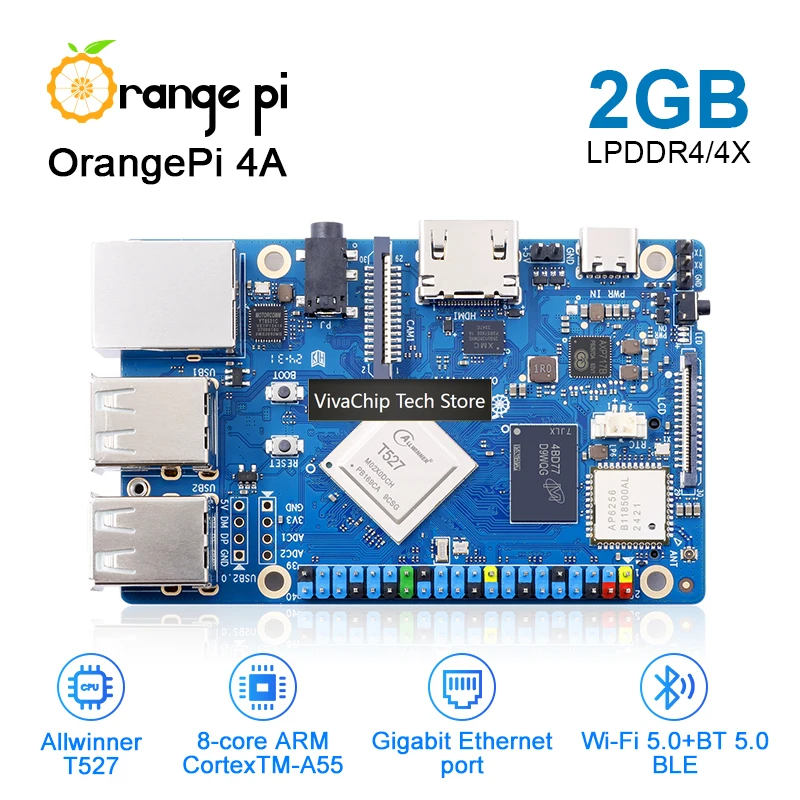 VivaCTOrange Pi 4A 2GB RAM Allwinner Mini PC WiFi+BT5.0 BLE M2 NVMe SSD 2TOPS NPU Single Board Computer Run Ubuntu Debian Androi