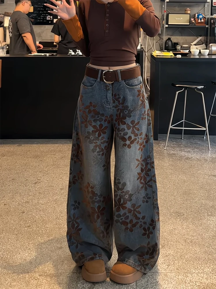 

Retro Floral Embroidery Wide Leg Denim Jeans Women's Casual Loose High Waist Straight Leg Pants Summer New Style Casual Jeans