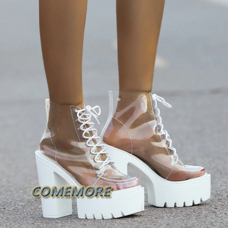 2023 Spring New Women Boots Fashion Round Head Waterproof Platform Transparent Lace Up Thick High Heels Nightclub Ankle Boots PU