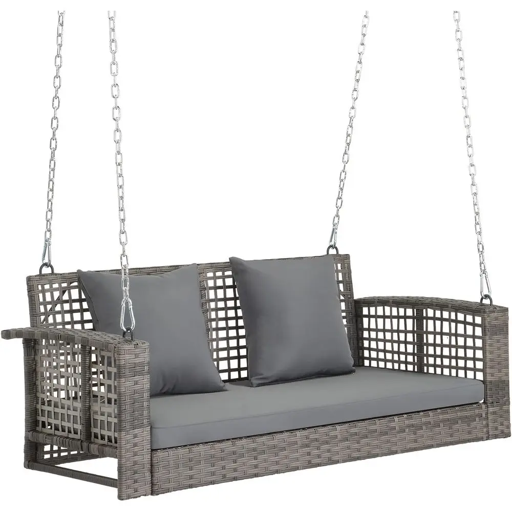2 Person Wicker Outdoor Porch Swing with Cushions, Pillows, and Chains,800lbs for Garden and Backyard