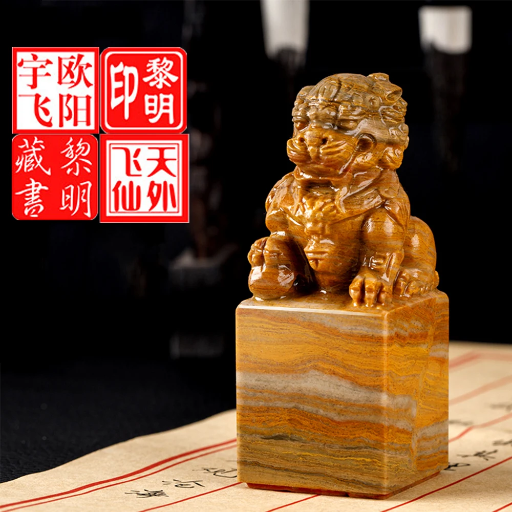 Name Seals Lions Engraved Natural Stone Chinese Name Stamps with Red Inkpad Wood Box Portable Bag for Calligraphy Painting Chop