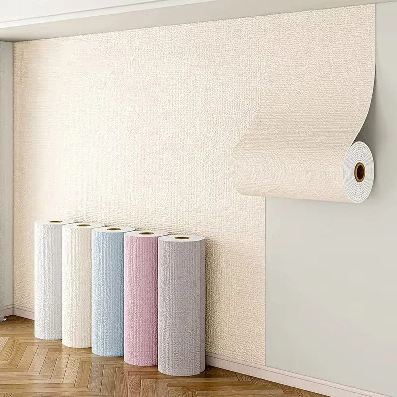 Self-adhesive Linen 3D Foam Wall Sticker Moisture-proof PVC Solid Color Background Wall Decoration Wallpaper Home Decoration