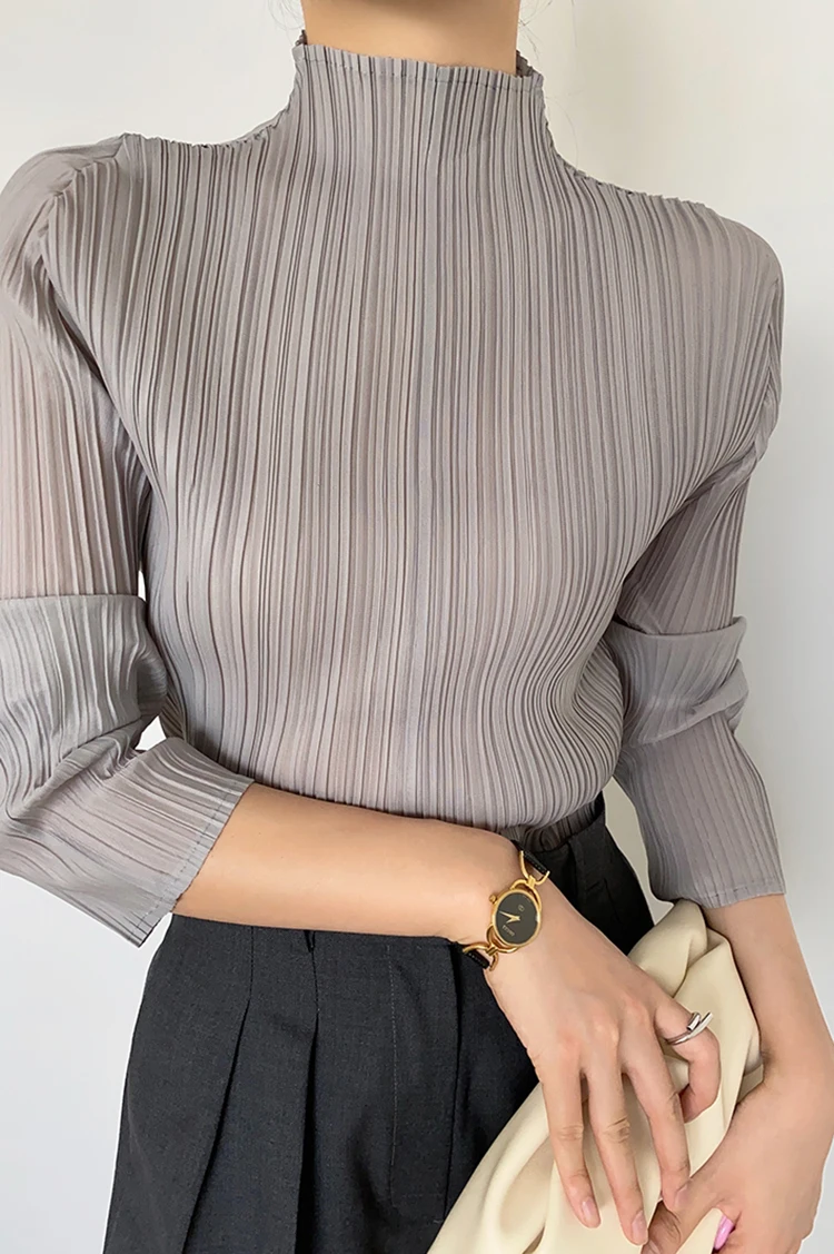 Miyake Pleated Women Shirt Tops 2024 Autumn Winter High Fashion Designer New Aesthetic Clothing Long Sleeve Turtleneck T-shirt