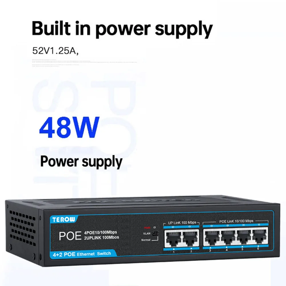 POE Switch 4 Ports +2 Uplink Fast Ethernet Switch 100Mbps Network Switch RJ45 Injector Switcher for IP Camera/Wireless AP/CCTV