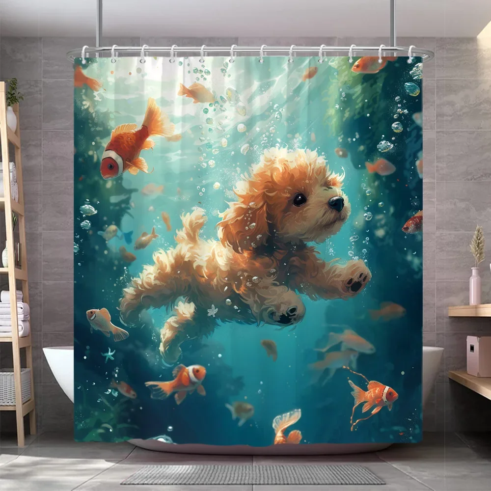 Funny Dog Shower Curtain Popular Cute Pet Oil Painting Art Creation Polyester Fabric Shower Curtains Bathroom Decor With Hooks