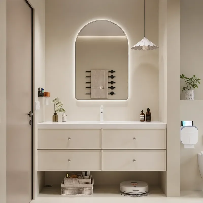Light French Style Rock Slab Seamless Integrated Basin Bathroom Vanity Cabinet with Oak Finish Cream Color Toilet Face Wash