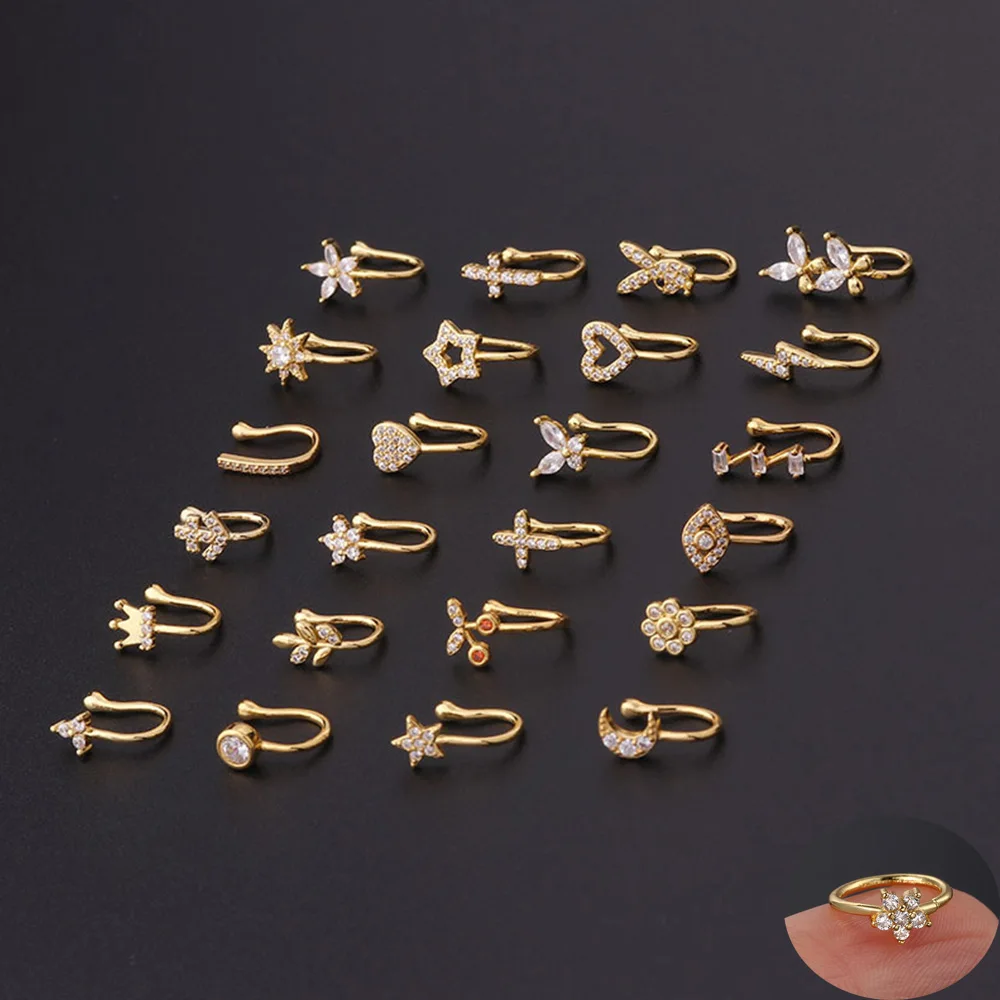 New 1PCS Fake Piercing Clip Nose Ring Cuff Body Jewelry for Women Trend Ear Cuffs Heart Star Flowers Butterfly Clip Rings KAE197