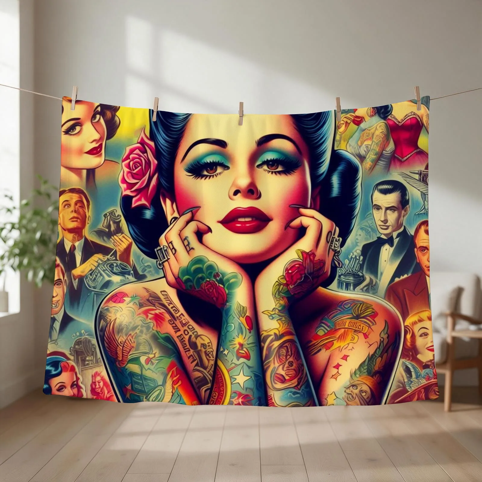Retro Pretty Tattoo Pin-up Throw Blanket couch cozy soft plush fuzzy picnic outdoor blanket