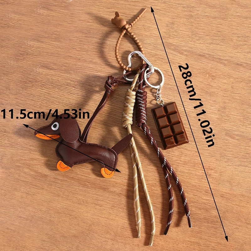 Llavero con colgante de cuerda trenzada de perro salchicha de cuero Vintage, llavero de Chocolate a la moda, dijes para bolso de mujer, llavero, regalos