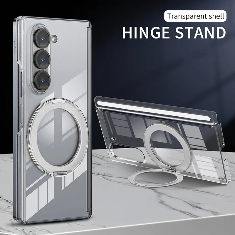 Para magsafe capa transparente com proteção de dobradiça para samsung galaxy z fold 7 6 5 flip 7 6 360 °   Caixa de suporte de rotação à prova de choque