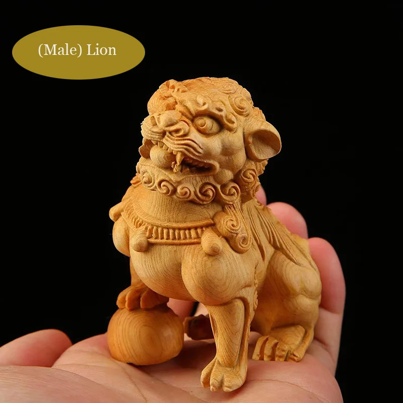 Wood Carving Chinese Forbidden City Lion Statuette , Chinese Characteristics God Beast Animal  Home Room Office Feng Shui Statue