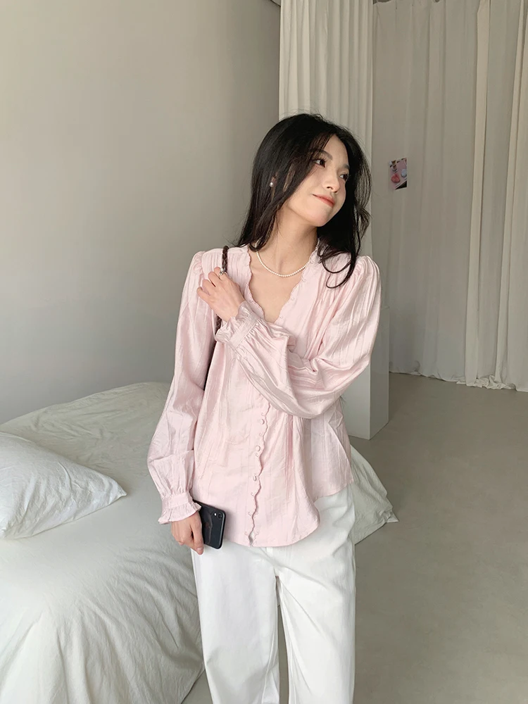 

Женский кардиган Sweet Sle BORAN с V-образным вырезом и длинными рукавами, розовый, с узором «Лунный зуб», приталенный, простой, модный