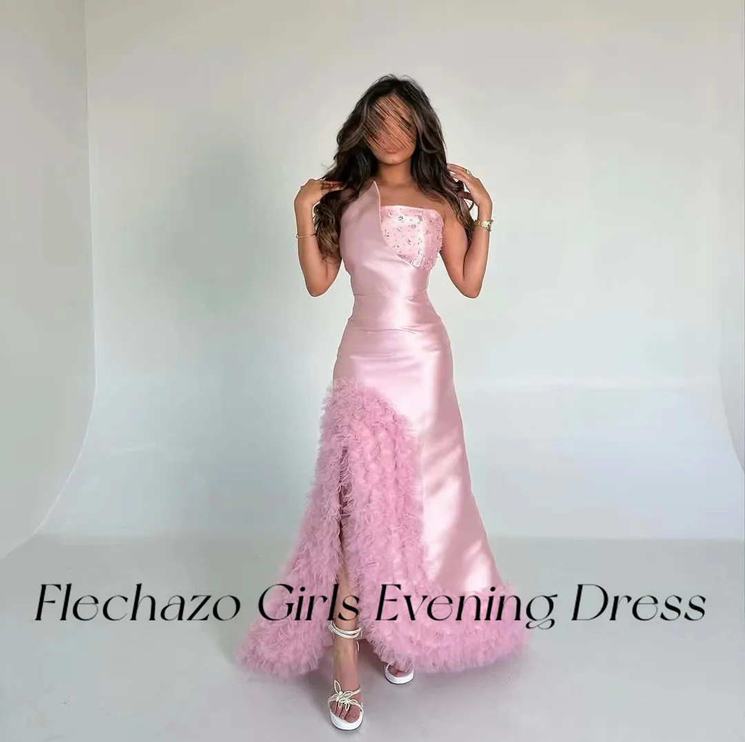 Flechazo Baby Pink Satin Prom Dresses Strapless Tiered Beads Slit Elegant Formal Party Dress For Women 2024 vestidos de noche