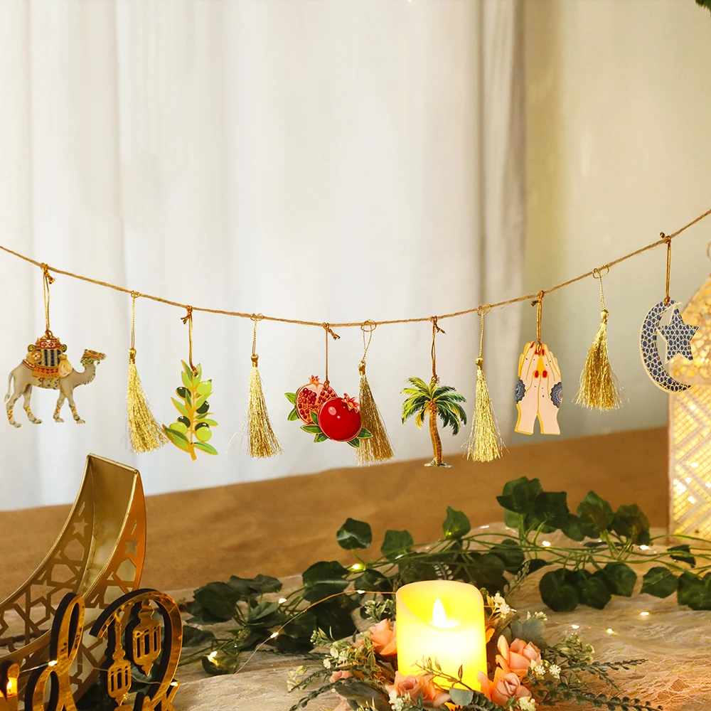 Ramadan Kareem Hanging Garland Islamic Camel Pomegranate Palm Moon Star Decor for Muslim Festival Home Party Wall Ornament Gifts