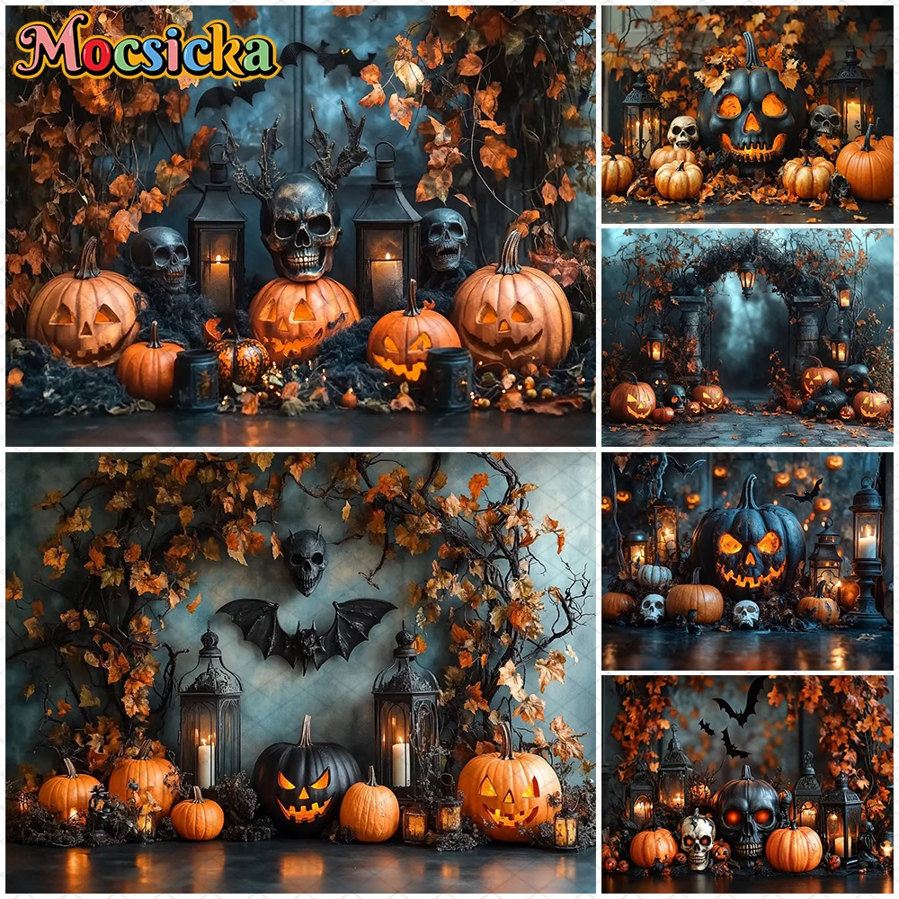 

Mocsicka Halloween Backdrops For Photography Autumn Bat Jack-O-Lantern Yellow Leaf Decor Banner Terror Pumpkin Skull Backgrounds