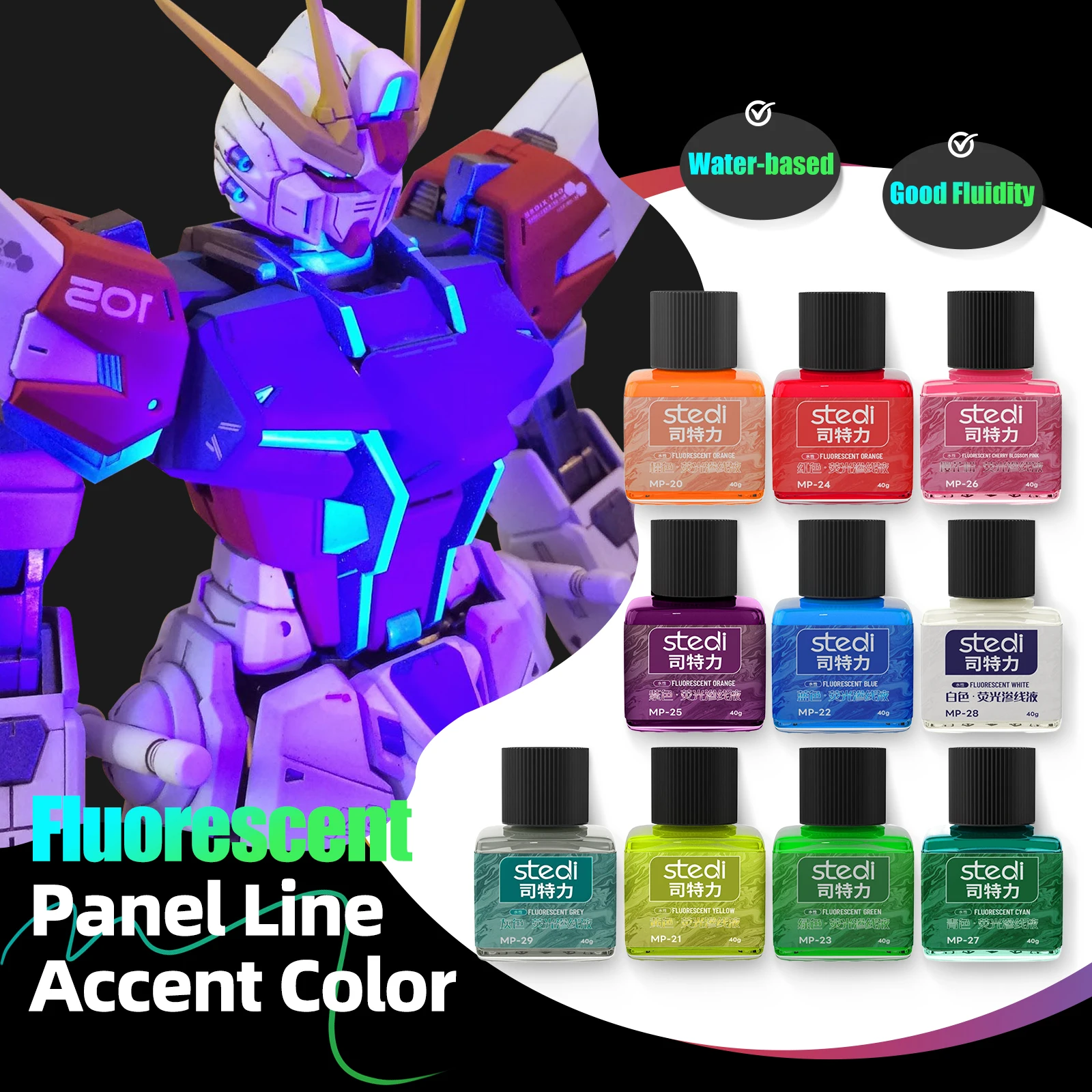 Stedi MP-20~29 Fluorescent Panel Liner Paint Water Based Penetrating Ink for Gundam Model Coloring Tools Hobby DIY Accessories