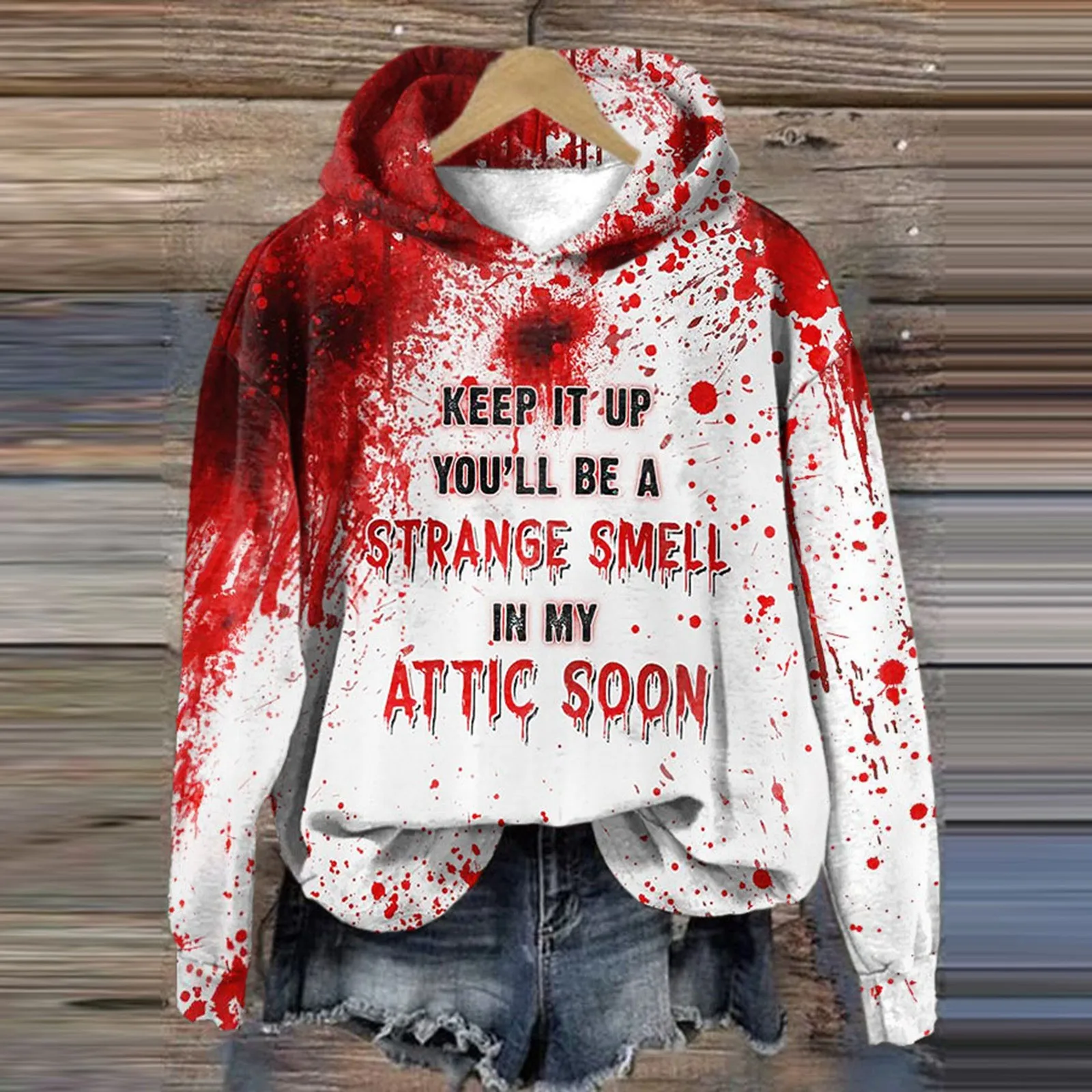 

Halloween Printed Sweatshirt Stylish Letter Bloody Print Jumper Women's Casual Fall Hooded Top Crew-Neck Long-Sleeved Warm Coats