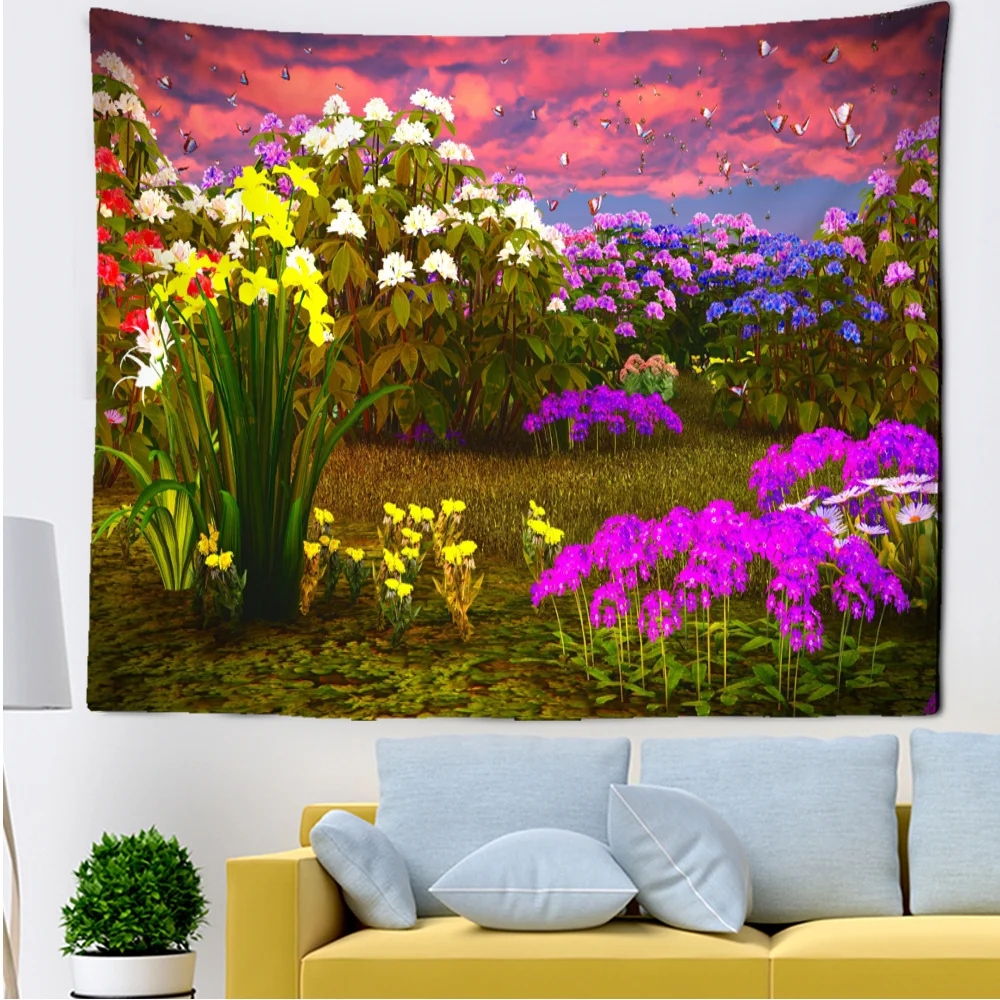 Flowers Sunset Tapestry Grass Natural Landscape Living Room Kitchen Bedroom Wall Hangings Home Decorations Decor Gifts