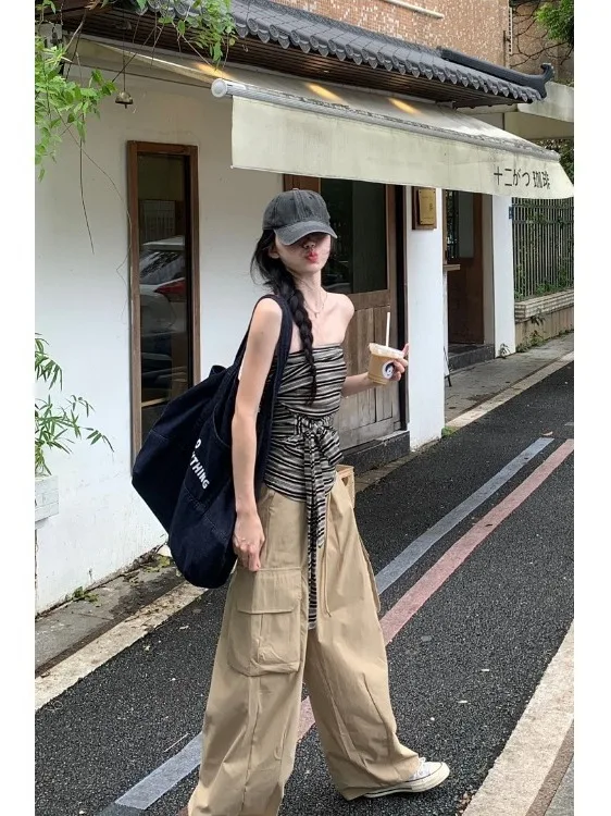 

plus Size Sexy Striped Crop Top And Work Pants Two Piece Set for Women Casual Belted Waist Short Length Breathable Loose Fit
