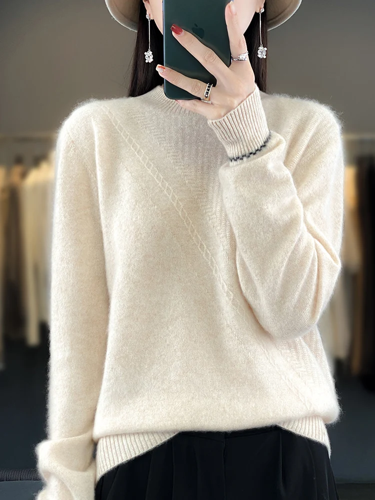 100% Merino sweter wol wanita kualitas tinggi pullover kerah tiruan lengan panjang wol lembut pakaian wanita hangat musim gugur musim dingin