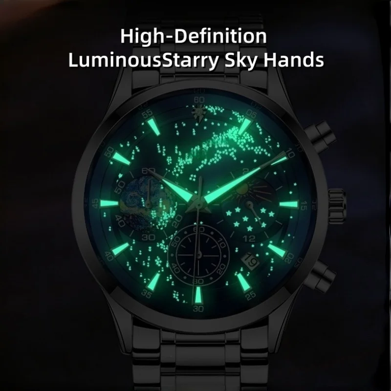 RUIXINE Men's Watches Chronograph Original Quartz Wristwatch Waterproof Luminous Stainless Steel Moon Phase 24 Hour Display Male