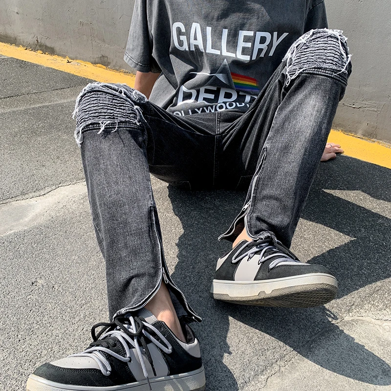 

High Street Sli Men's Jeans Trendy Brand Hole Patch Slim Fit Casual Long Pants Zipper Cuffed Old Dad Jeans