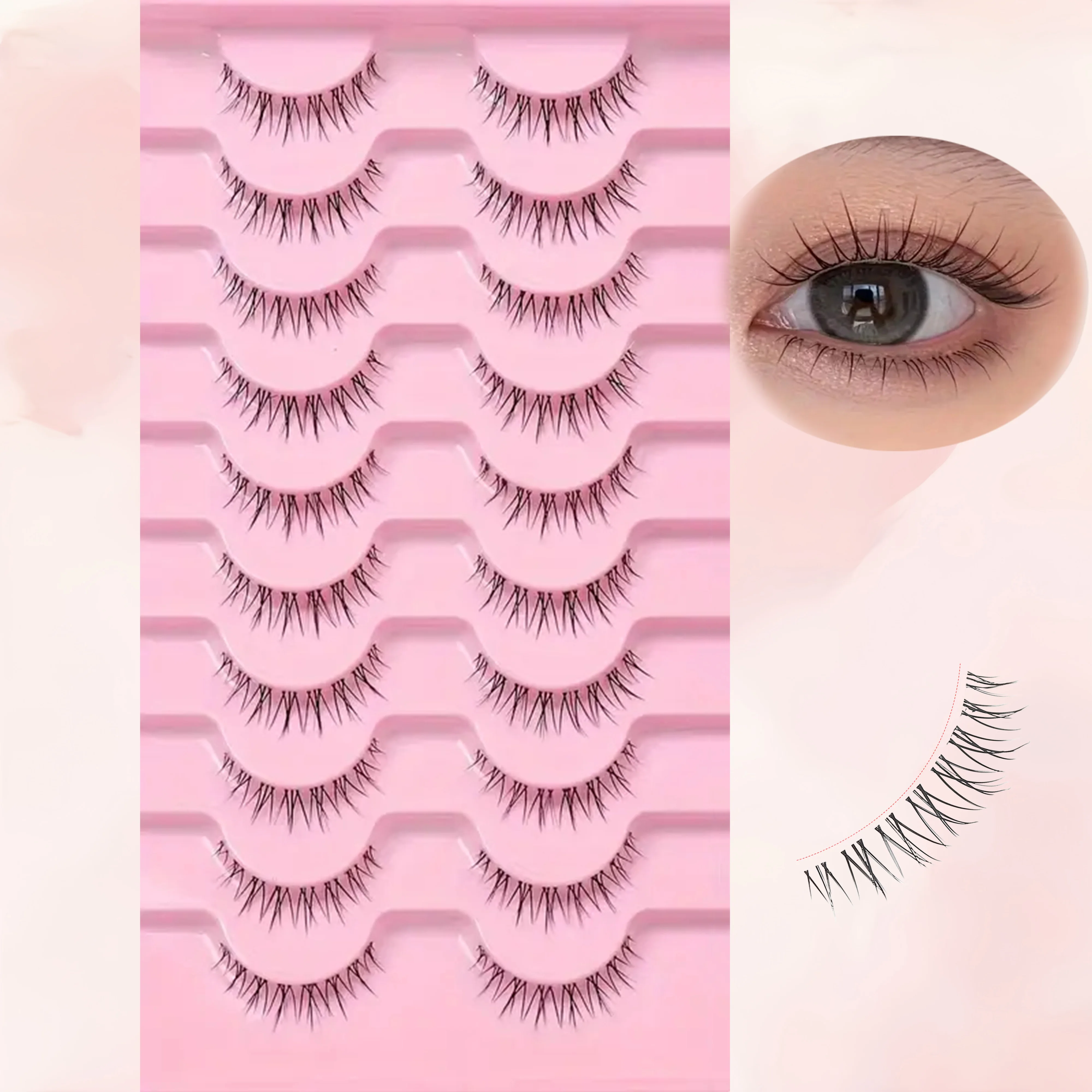 10 أزواج من الرموش الصناعية عباد الشمس - شرائط كاملة بشريط شفاف، مظهر طبيعي، قابلة لإعادة الاستخدام، 10-12 مم