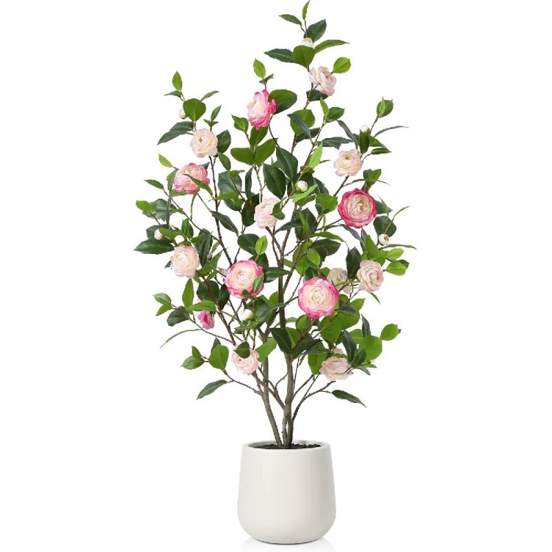 

Artificial Camellia Tree, 4FT Faux Plant with Realistic Pink Silk Flower, Tall Plants Indoor,