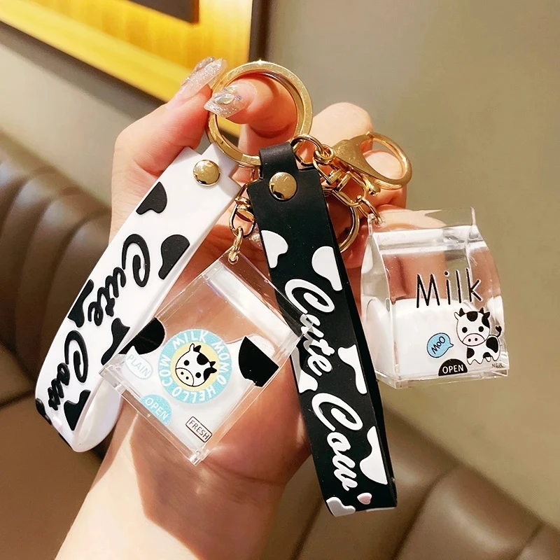 Creative Decompression Dairy Cow Milk Drinks Acrylic Keychain Moving Liquid oil drip keychain Drift Bottle Keyfob Jewelry Kids G