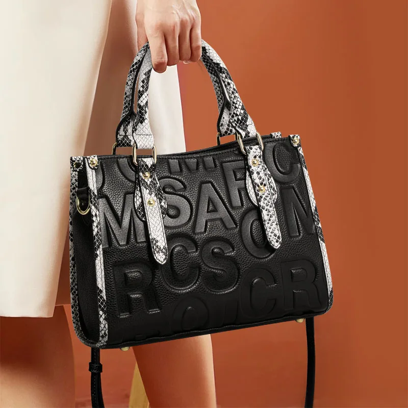Aidrani New niche black letter embossed tote bag for women, large capacity, high-end feel, shoulder and hand carry mom bag