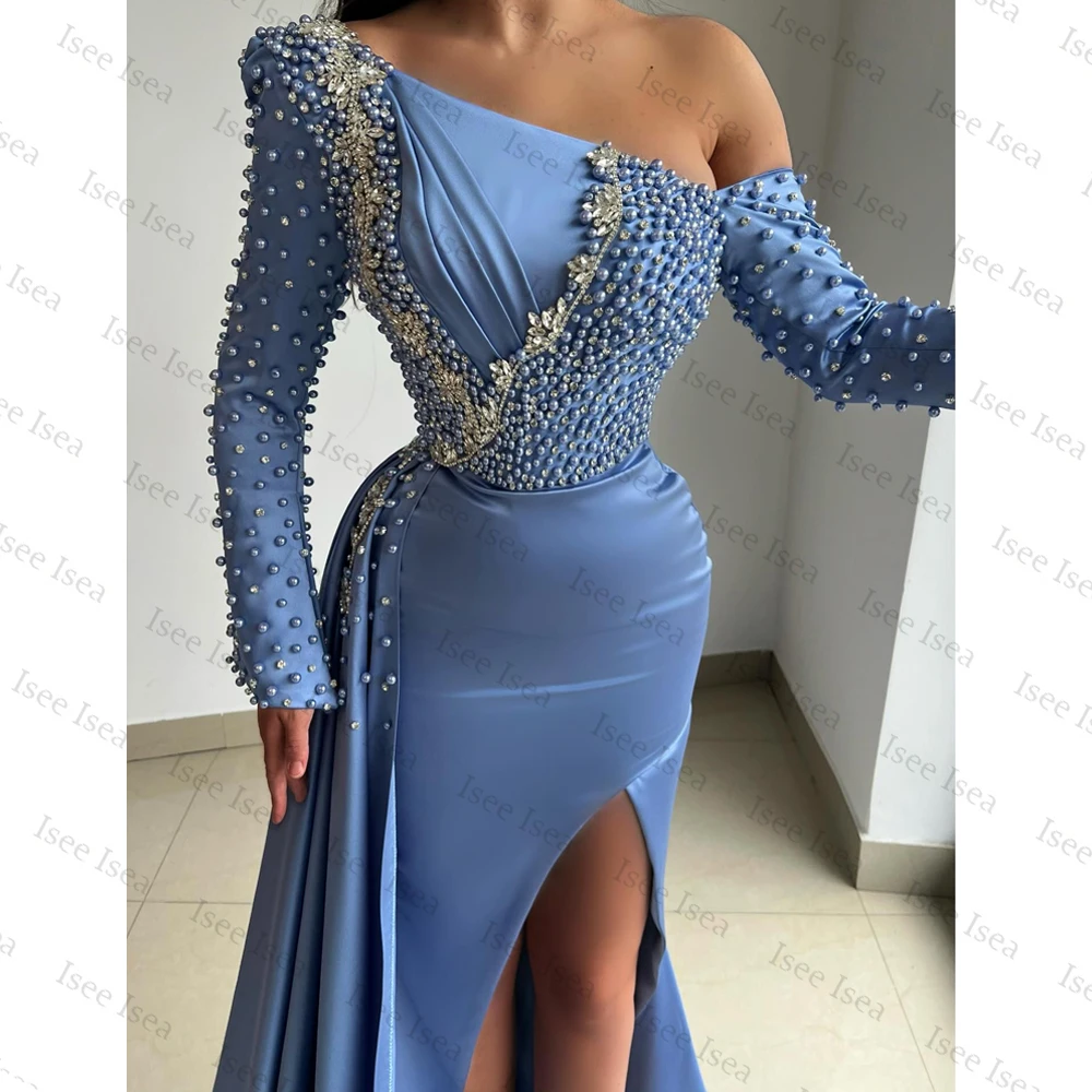 فستان سهرة من الساتان باللون الأزرق السماوي 2026 بأكمام كاملة وكتف واحد مطرز بحورية البحر فساتين أنيقة للمناسبات الخاصة حسب الطلب #3